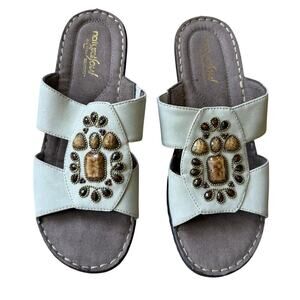 Natural Soul Cream Saymore Slide On Beaded Open Toe Mule Sandals Sz 8.5 Comfort